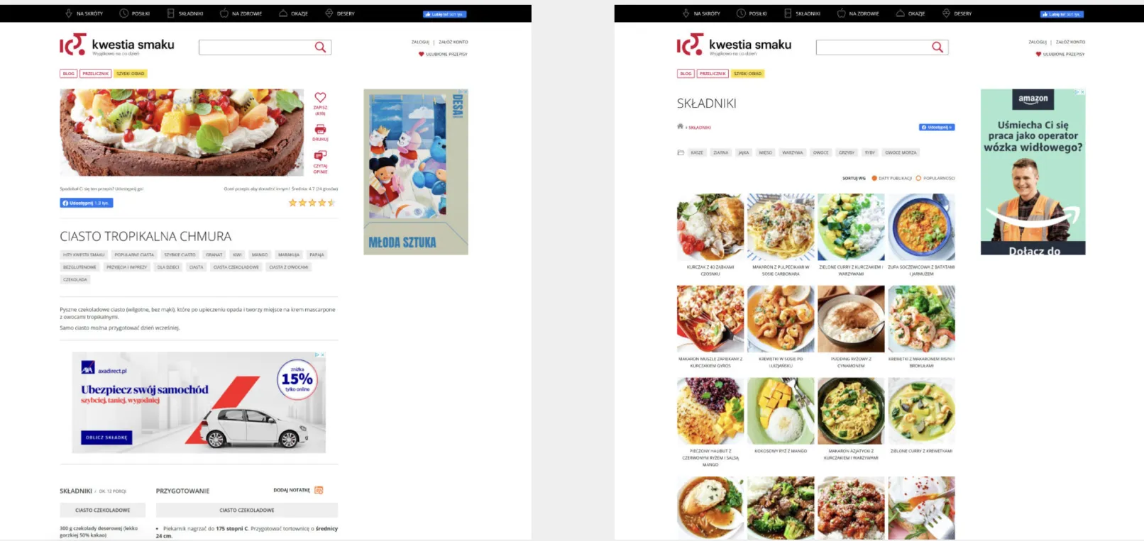 Side-by-side views of KwestiaSmaku.com on Drupal: a Tropical Cloud Cake recipe page with ingredients and preparation sections, and an Ingredients category grid with recipe thumbnails and faceted filters.