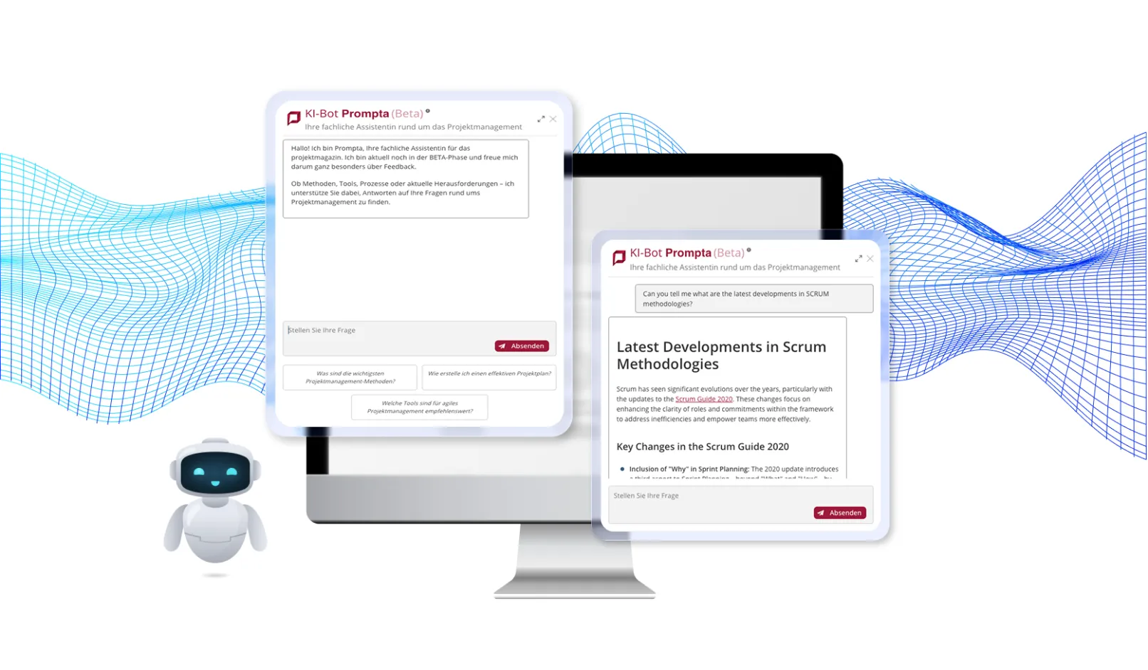 AI chatbot on ProjektMagazin.de showing a project management conversation with sourced answers about Scrum methodologies.