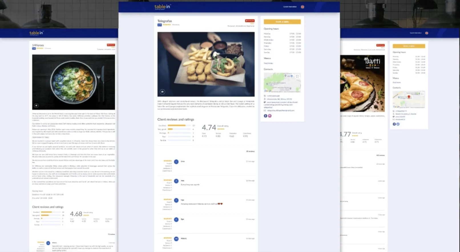 TableIn React guest portal showing restaurant detail pages for Telegrafas, 14Horses, and Pautti with star ratings, client reviews, Book a table widget, opening hours, and map location.