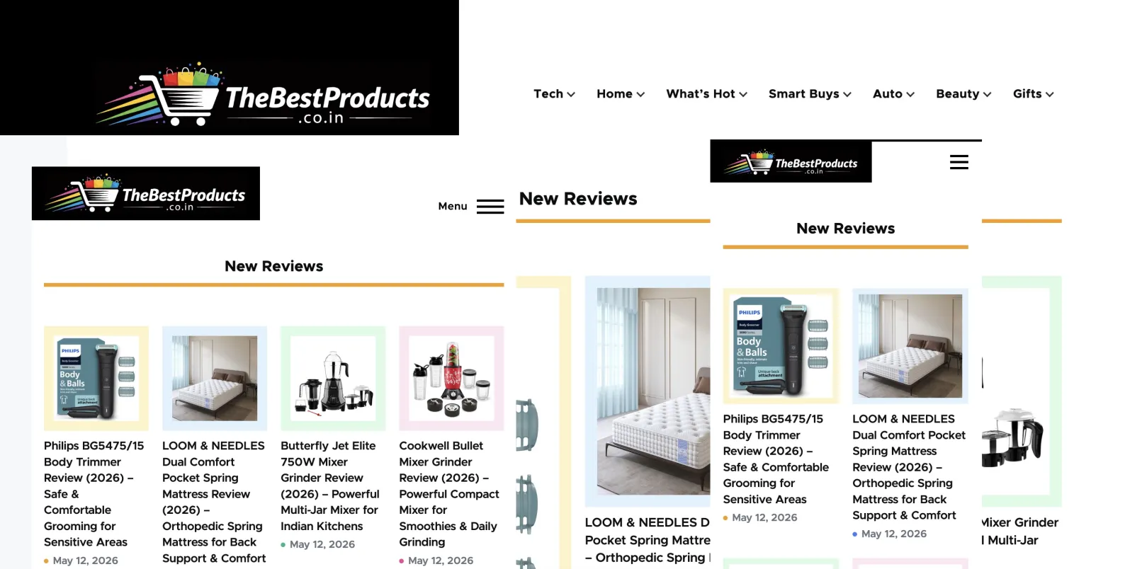 Homepage of TheBestProducts.co.in showing product reviews and buying guides powered by a Drupal 11 static publishing architecture.