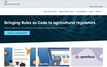 Screenshot of the Bayer Rules as Code prototype homepage. The banner reads "Bringing Rules as Code to agricultural regulators" and has a button to submit updated material for a Tier 1 equivalence check.