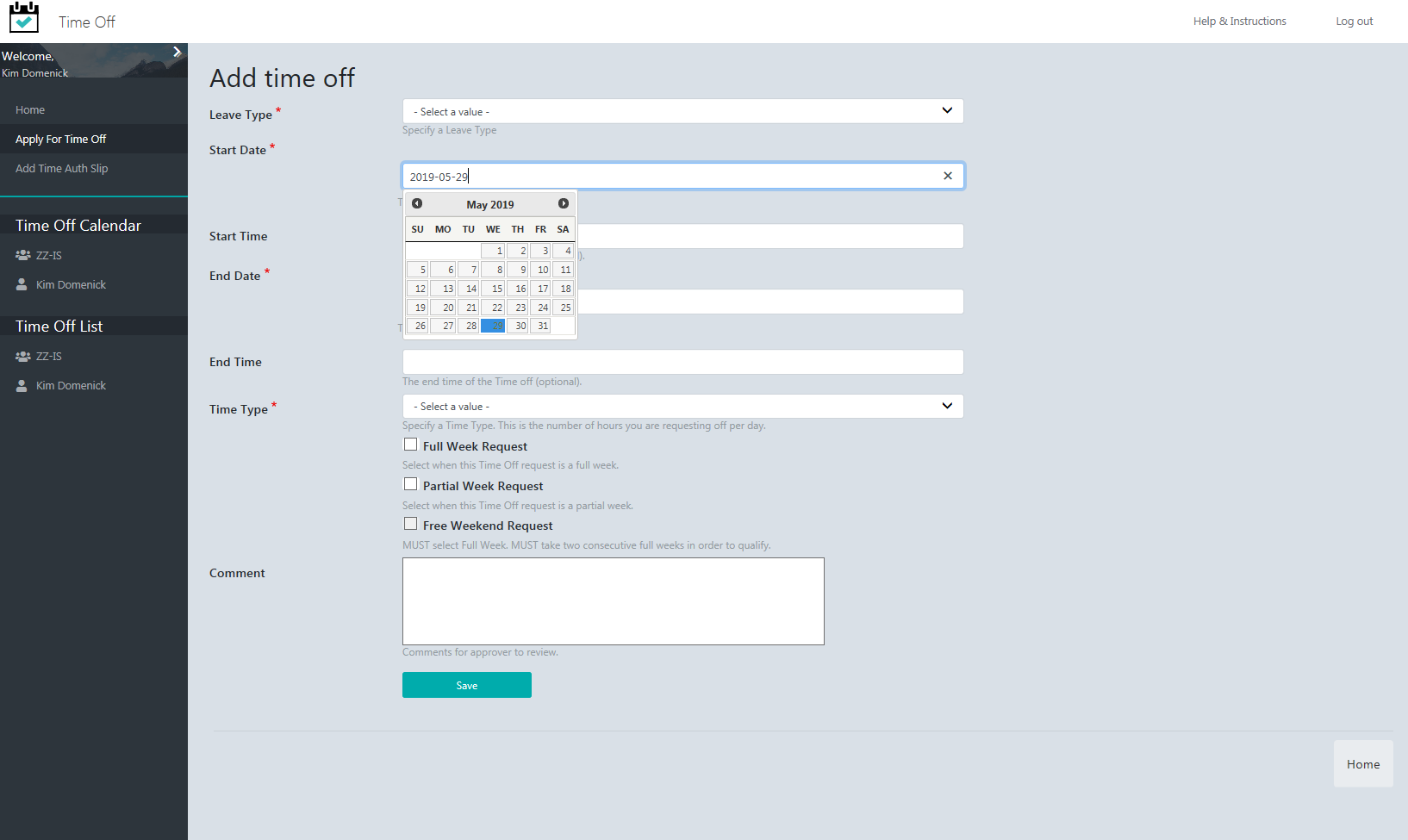 Add Time Off Request