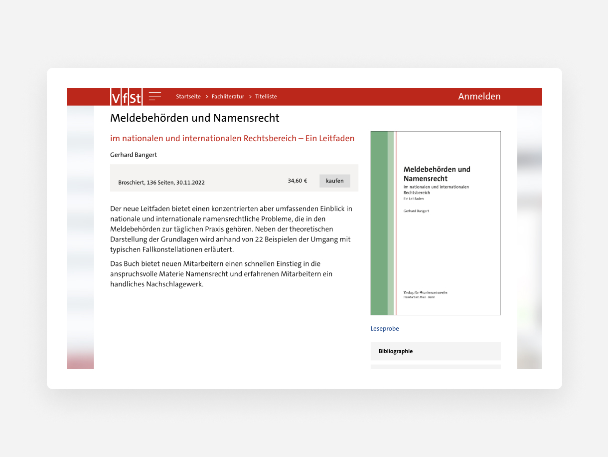 Screenshot showing a page form the VfST website 