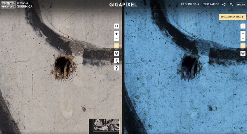Gigapixel. Comparison of the visible channel with the ultraviolet channel, hole in the soldier’s eye