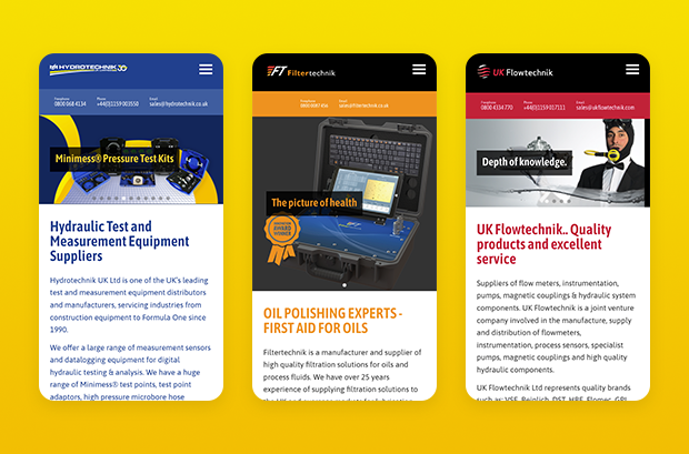 Screenshots of the Hydrotechnik, Filtertechnik and UK Flowtechnik homepages on mobile devices